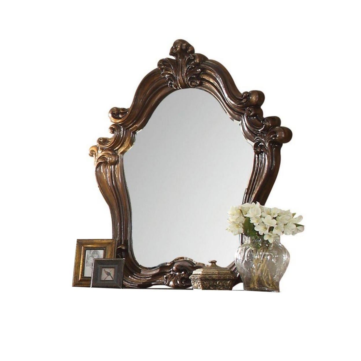 Scroll And Molded Wooden Mirror With Carved Details, Cherry Brown- Saltoro Sherpi