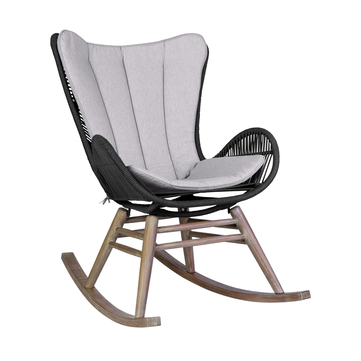 Elle 37 Inch Patio Rocking Chair, Dark Eucalyptus Wood, Charcoal Rope- Saltoro Sherpi