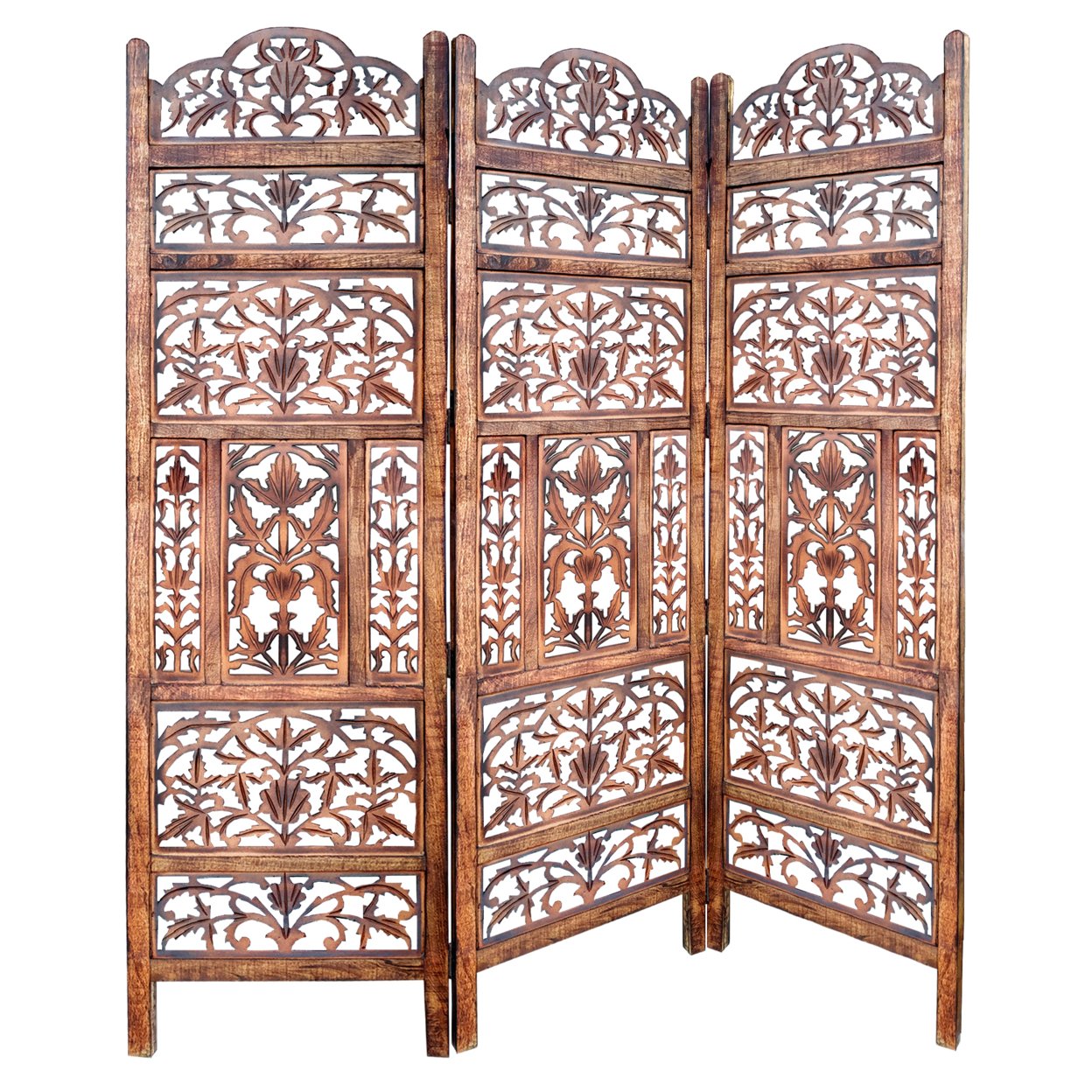 Handcrafted 3 Panel Mango Wood Screen With Cutout Filigree Carvings, Brown- Saltoro Sherpi