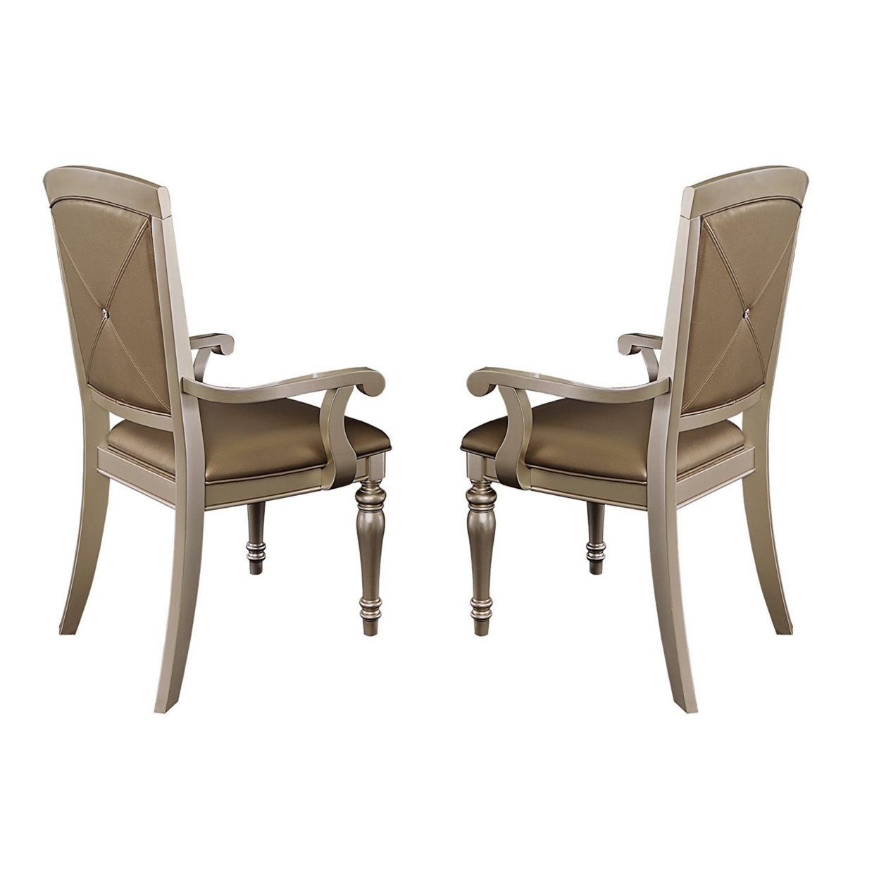 Wood & Leather Dining Side Arm Chair With Crystal Tufting, Silver, Set Of 2- Saltoro Sherpi