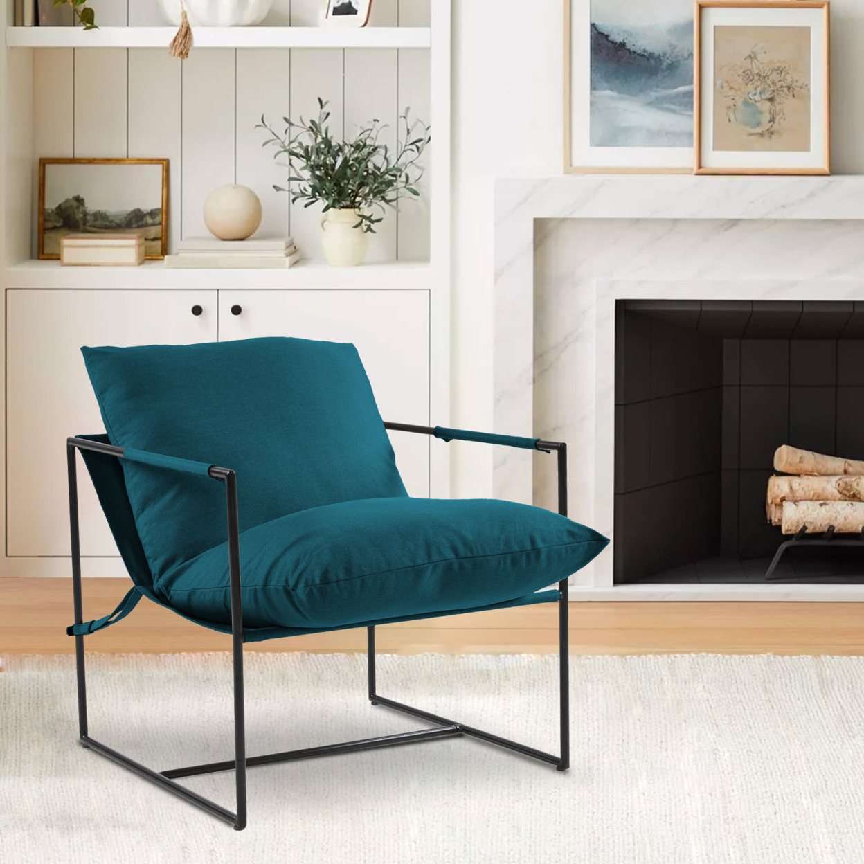 Modern Metal Frame Sling Back Accent Chair With Loose Cushions - Stylish Lounge Chair For Living Room - Blue