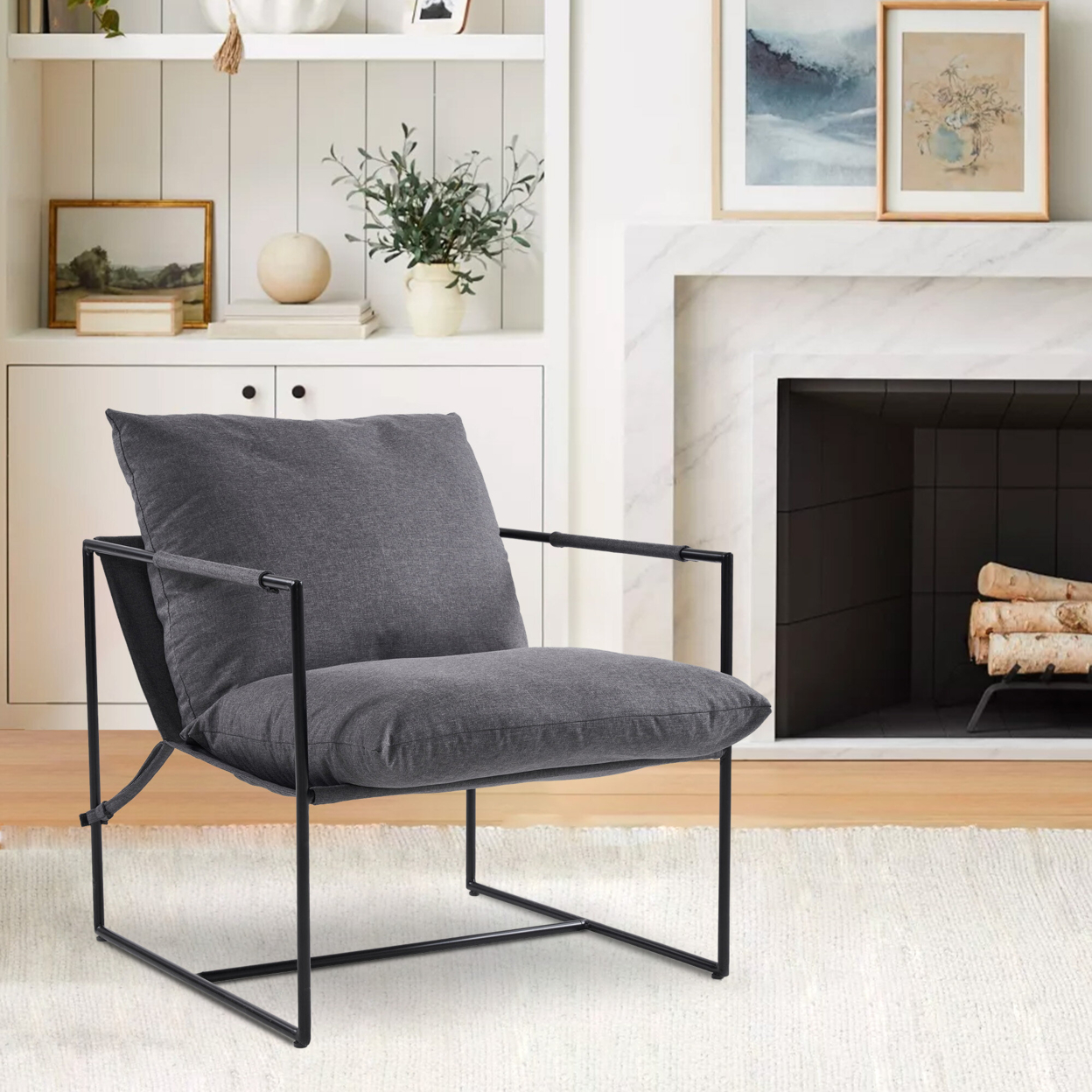 Modern Metal Frame Sling Back Accent Chair With Loose Cushions - Stylish Lounge Chair For Living Room - Dark Gray