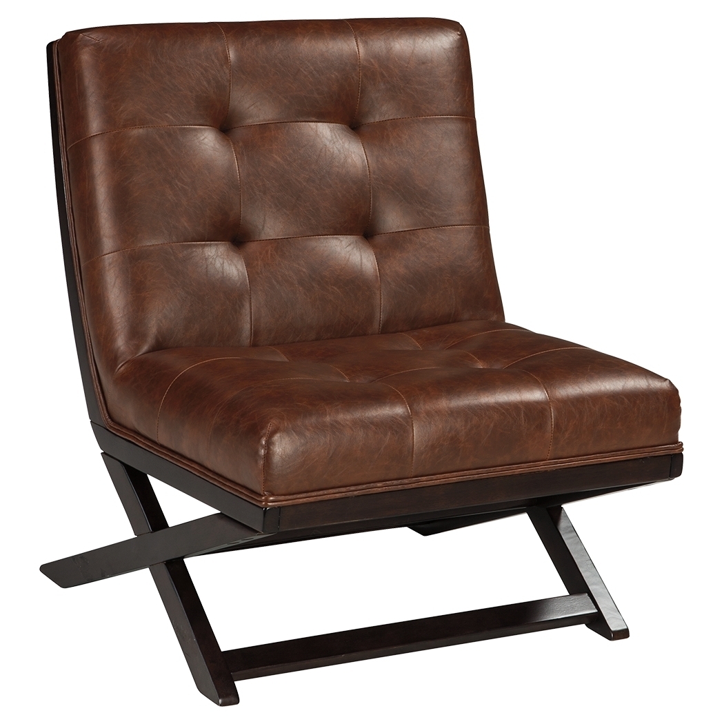Wood And Faux Leather Accent Chair With Scissor Style Base, Brown- Saltoro Sherpi