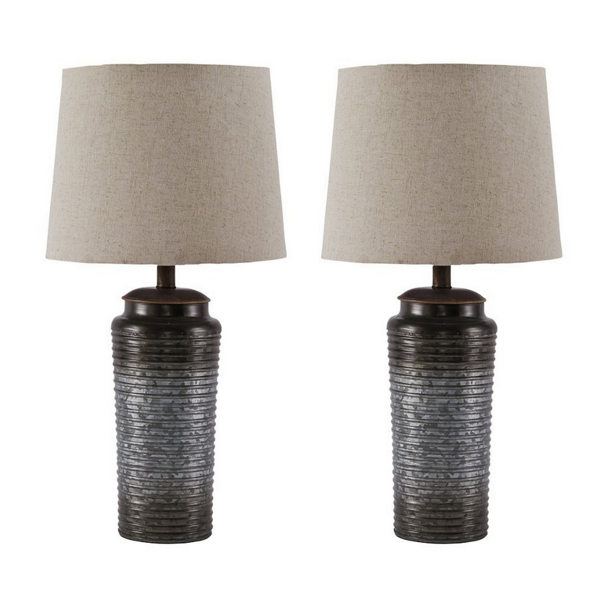 Ribbed Design Metal Body Table Lamp With Tapered Fabric Shade,Set Of 2,Gray- Saltoro Sherpi