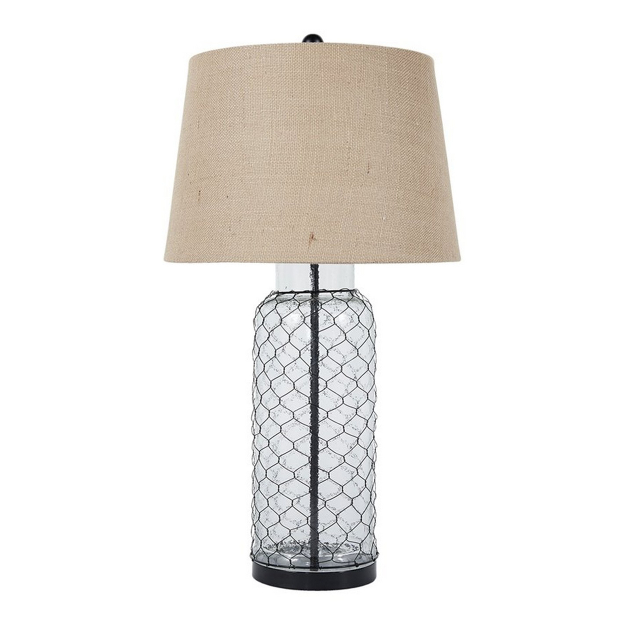 Woven Wire Wrapped Glass Base Table Lamp With Fabric Shade, Beige- Saltoro Sherpi