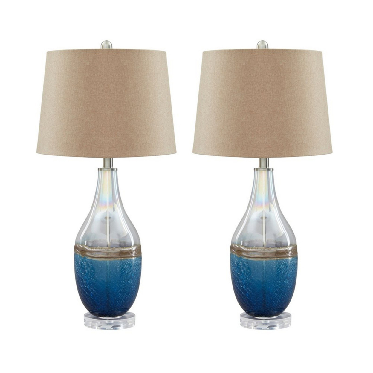 Vase Shape Frame Table Lamp With Fabric Shade, Set Of 2, Beige And Blue- Saltoro Sherpi