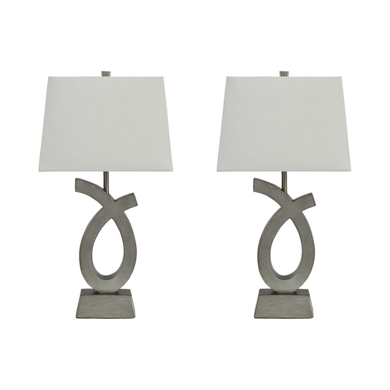 Scrolled Resin Table Lamp With Rectangular Shade, Set Of 2, Gray And White- Saltoro Sherpi