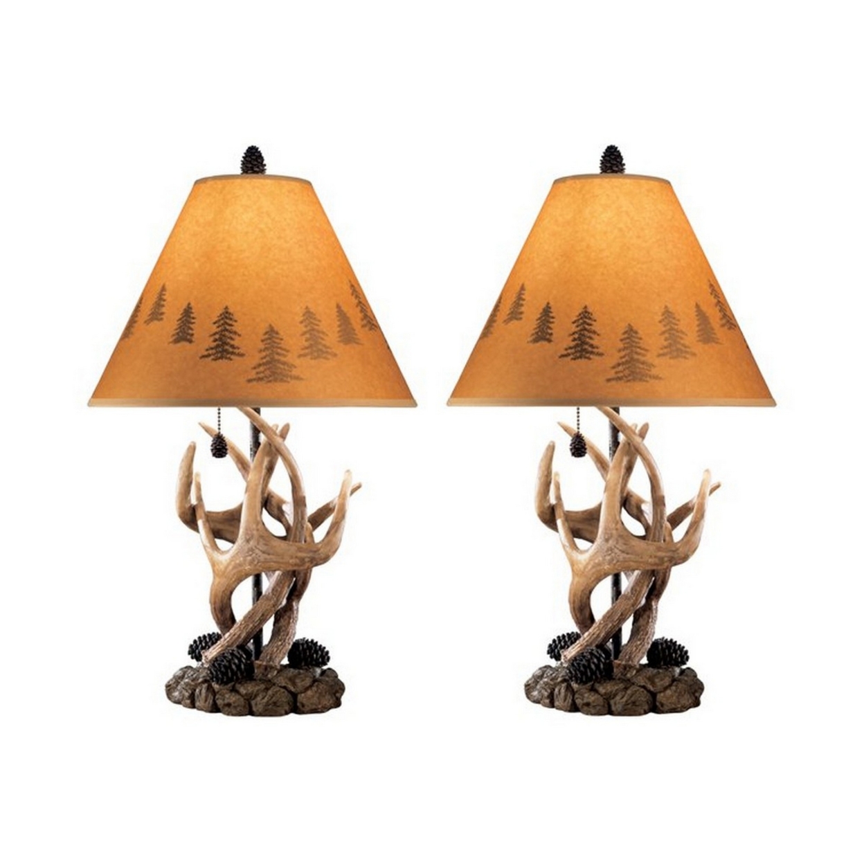 Resin Body Table Lamp With Antler And Pinecone Design, Set Of 2, Brown- Saltoro Sherpi
