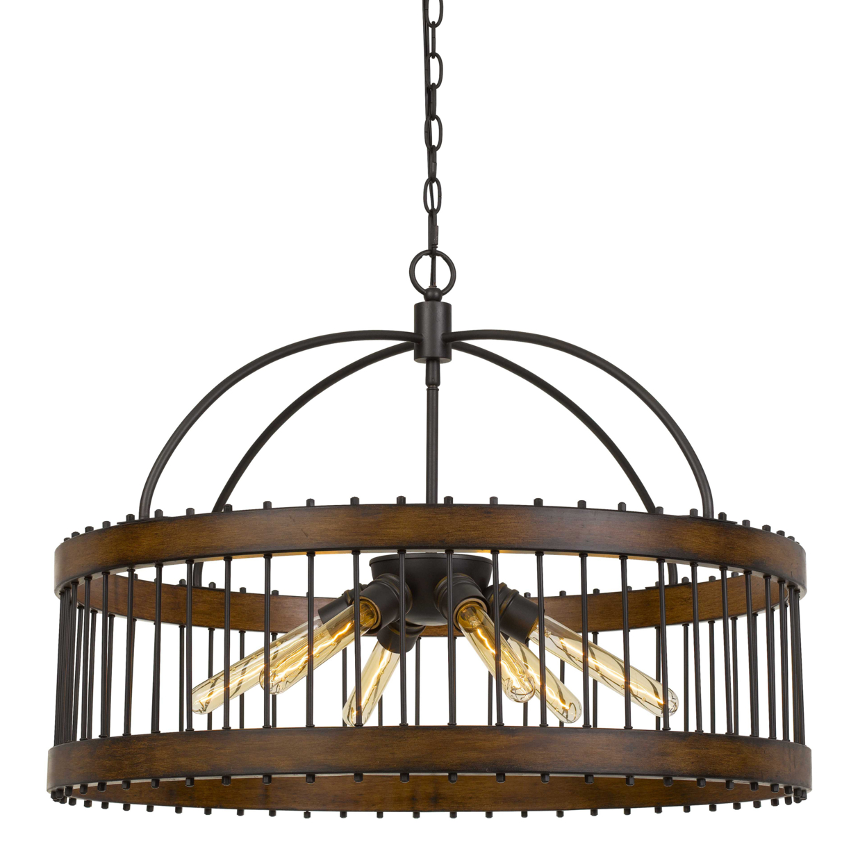 Metal And Wooden Frame Pendant Fixture With Cage Design, Black And Brown- Saltoro Sherpi