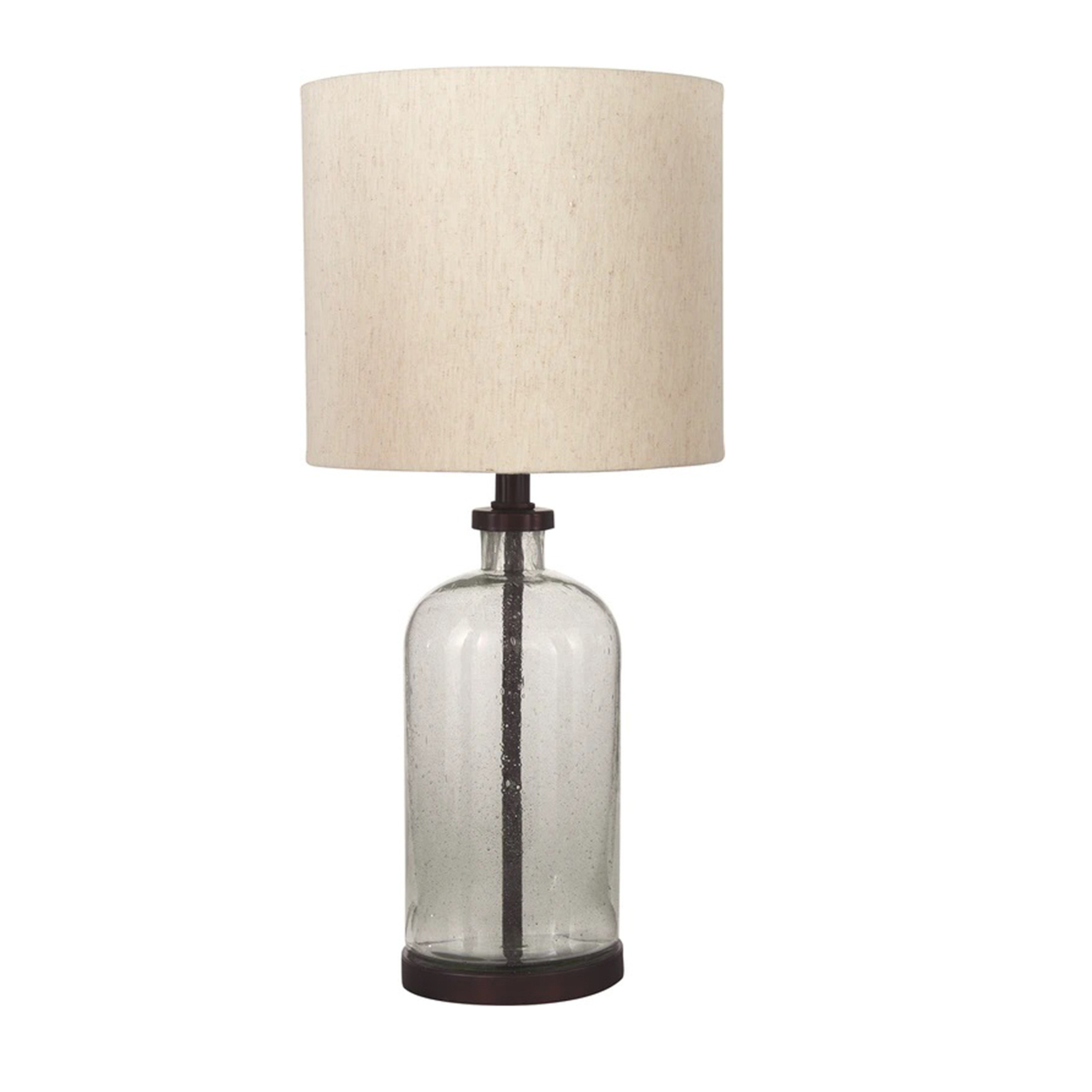 Cylindrical Seeded Glass Table Lamp With Fabric Drum Shade, Beige And Clear- Saltoro Sherpi