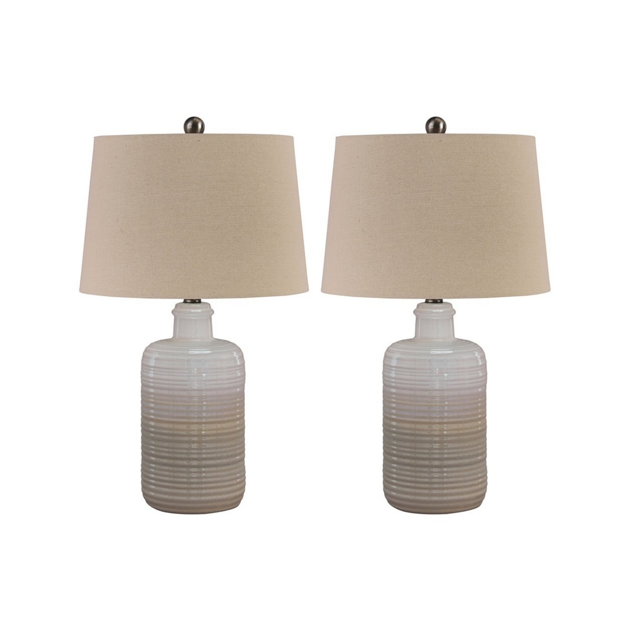 Ceramic Body Table Lamp With Brushed Details, Set Of 2, Beige And White- Saltoro Sherpi