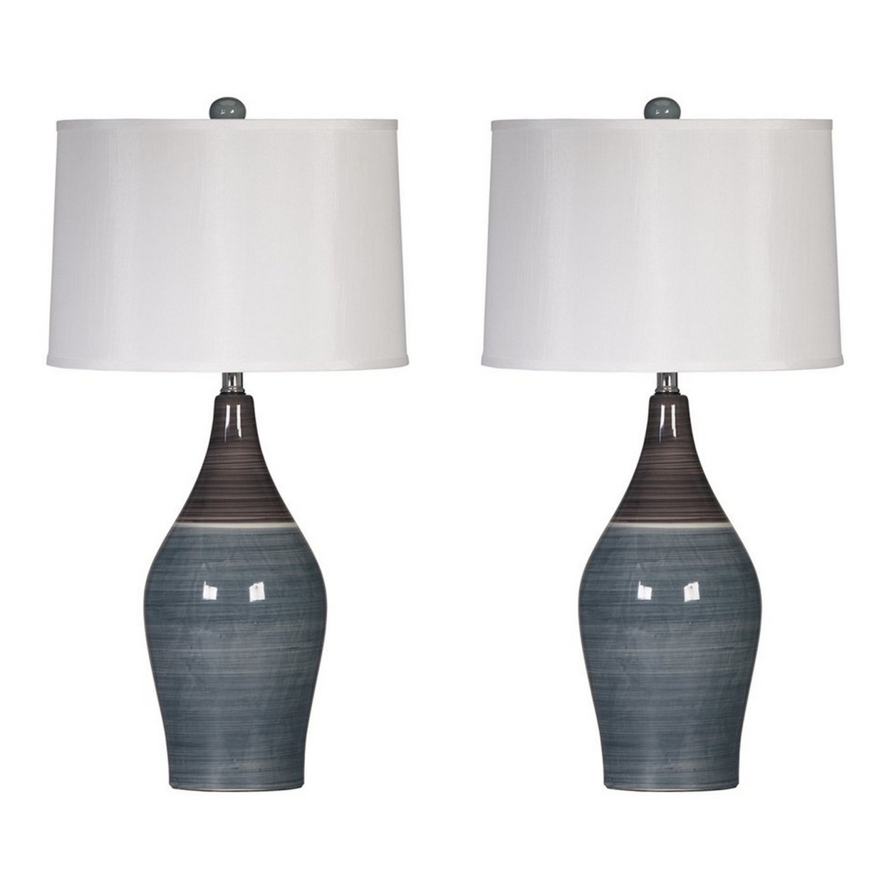 Pot Bellied Ceramic Table Lamp With Brushed Details,Set Of 2,Gray And White- Saltoro Sherpi