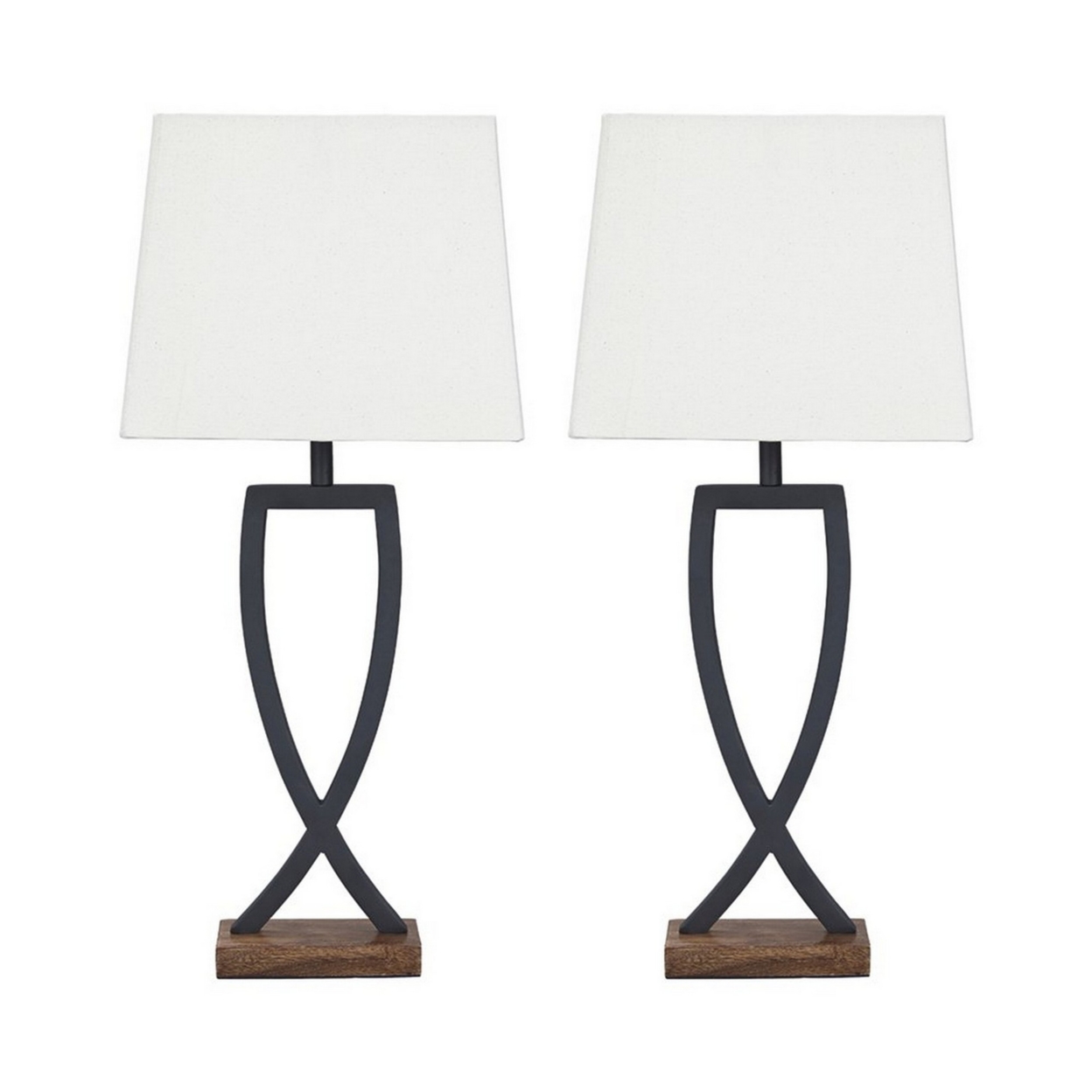Criss Cross Metal Table Lamp With Fabric Shade, Set Of 2, Gray And White- Saltoro Sherpi