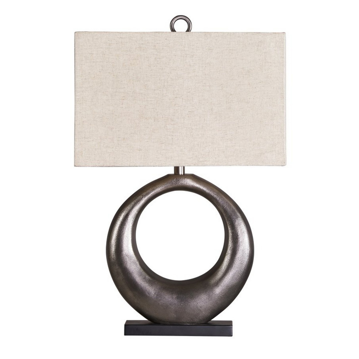 Metal Table Lamp With Center Cutout And Fabric Shade, Off White And Black- Saltoro Sherpi