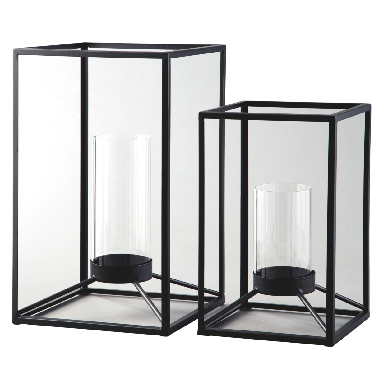 Metal Frame Lantern With Cylindrical Glass Hurricane, Set Of 2, Black- Saltoro Sherpi
