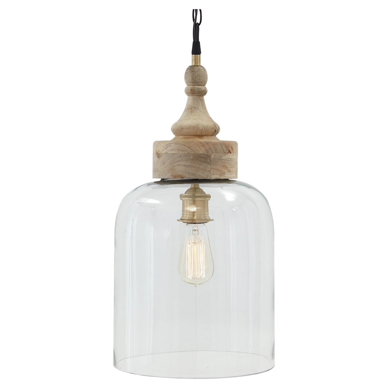Inverted U Glass Pendant Light With Wood Finial Crown Top, Brown And Clear- Saltoro Sherpi