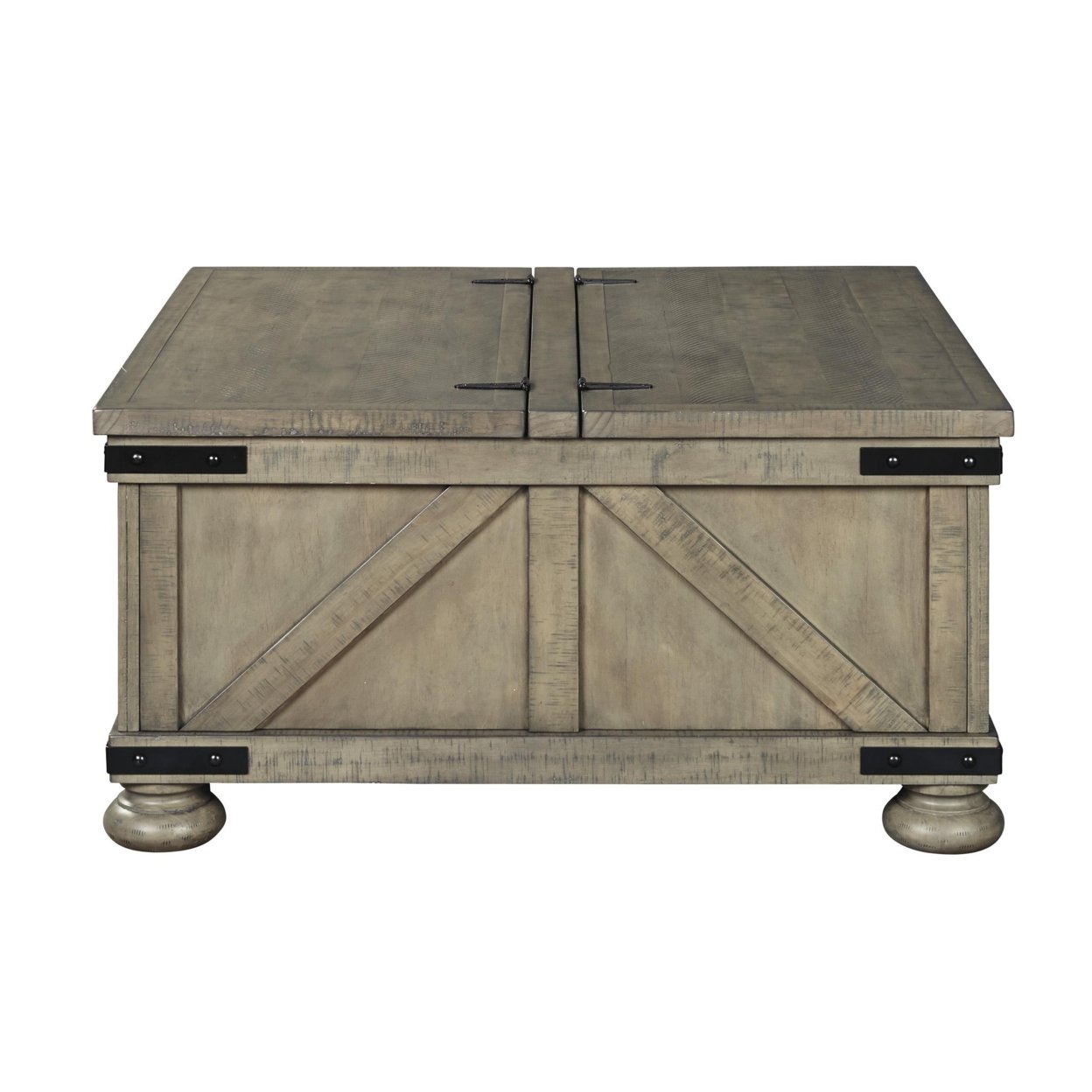 Farmhouse Cocktail Table With Lift Top Storage And Crossbuck Details, Gray- Saltoro Sherpi