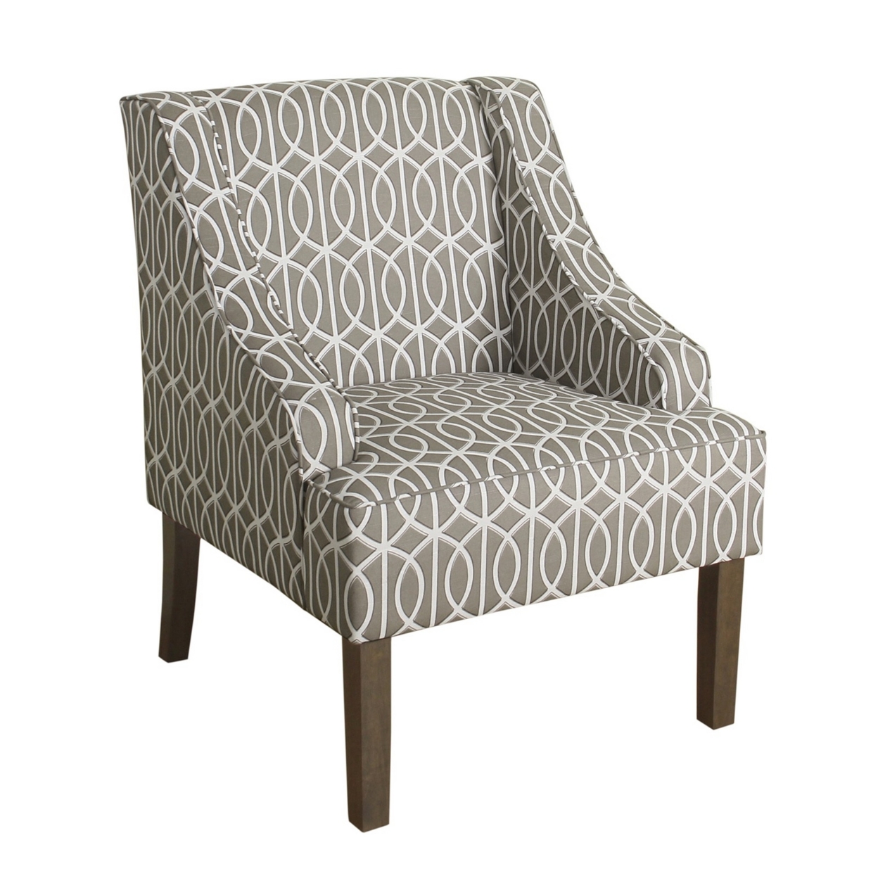 Fabric Upholstered Wooden Accent Chair With Trellis Pattern Design, Gray, White And Brown- Saltoro Sherpi