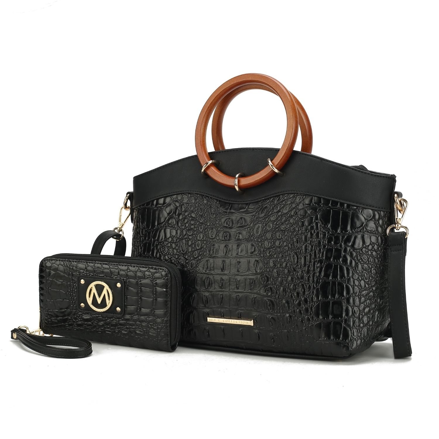 MKF Collection Phoebe Faux Crocodile-Embossed Vegan Leather Women's Tote With Wristlet Wallet Bag - 2 Pieces By Mia K - Black
