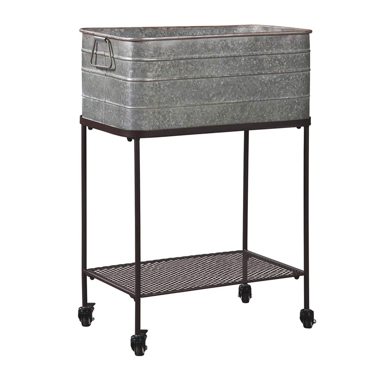 Rectangular Metal Beverage Tub With Stand And Open Grid Shelf, Gray And Black- Saltoro Sherpi