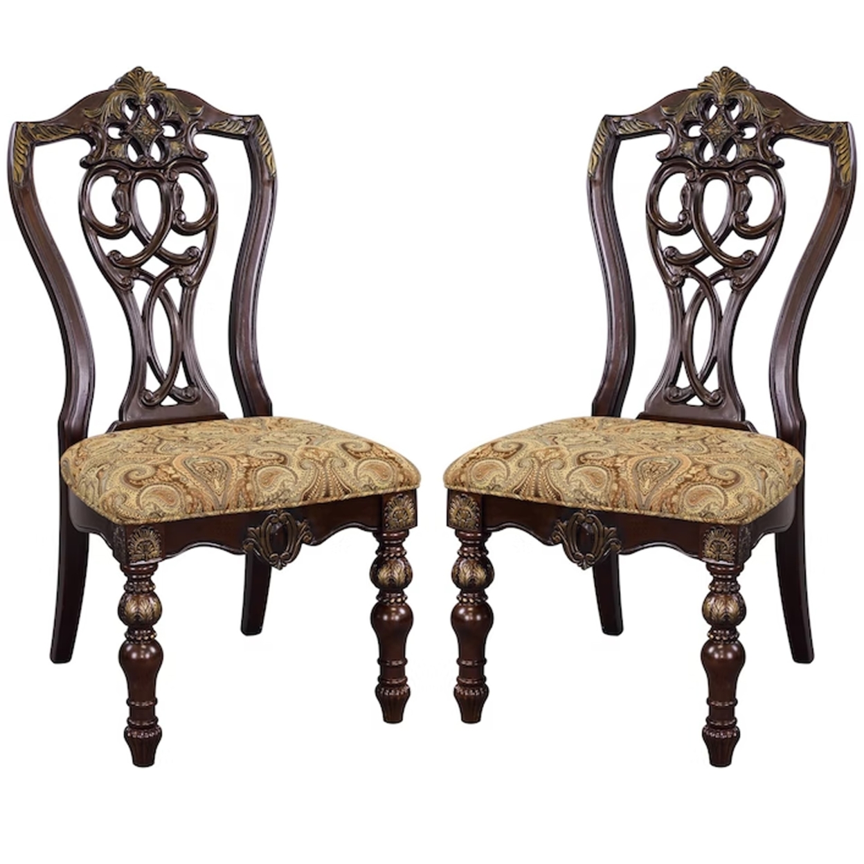 Fabric Upholstered Wooden Side Chair With Intricate Back, Set Of 2 , Cherry Brown- Saltoro Sherpi