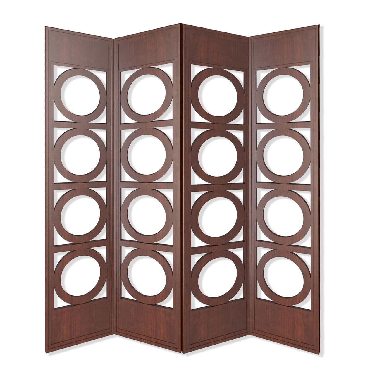Transitional 4 Panel Wood Screen With Abstract Circular Design, Brown- Saltoro Sherpi