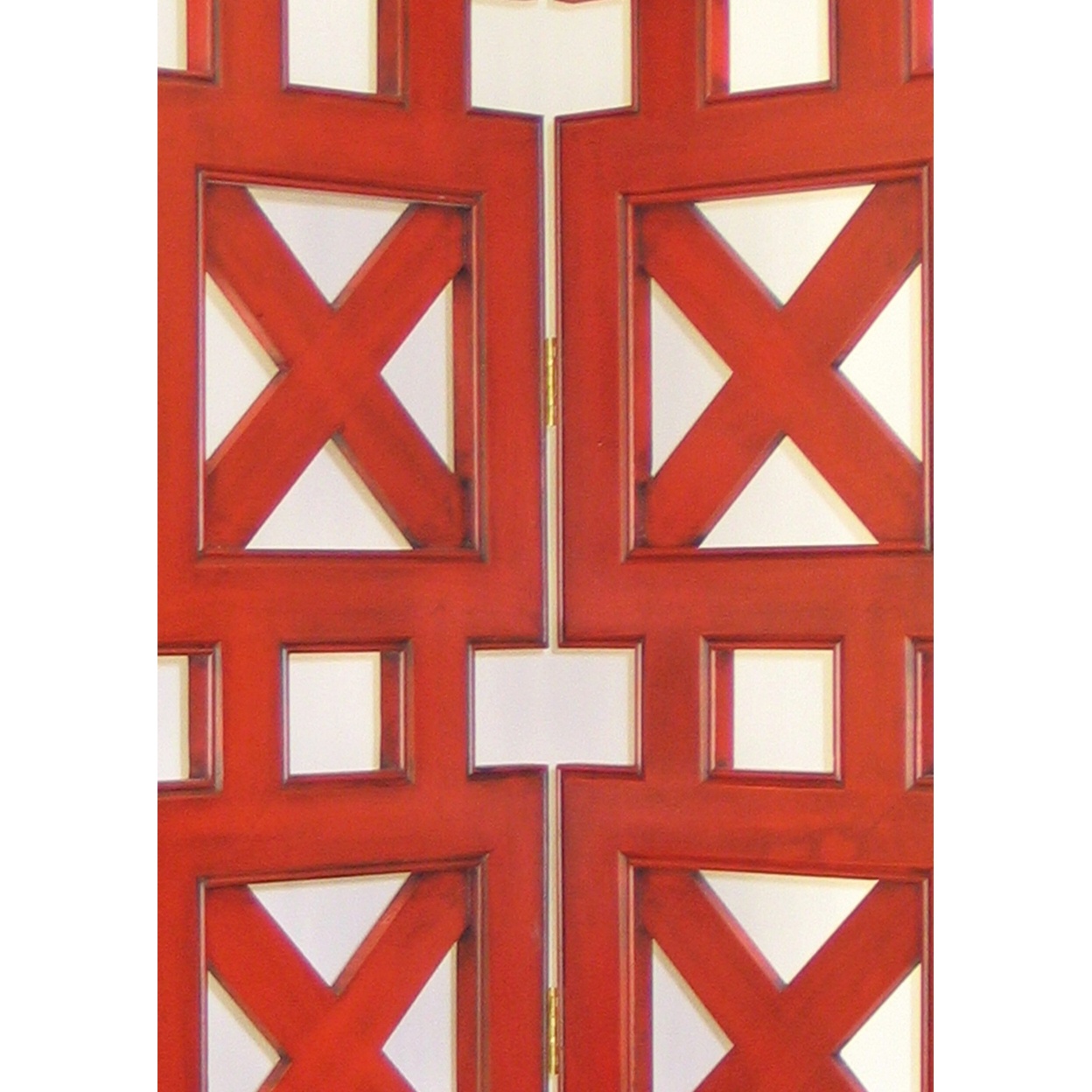 3 Panel Screen With X Shaped Design In Square Cut Out, Red- Saltoro Sherpi