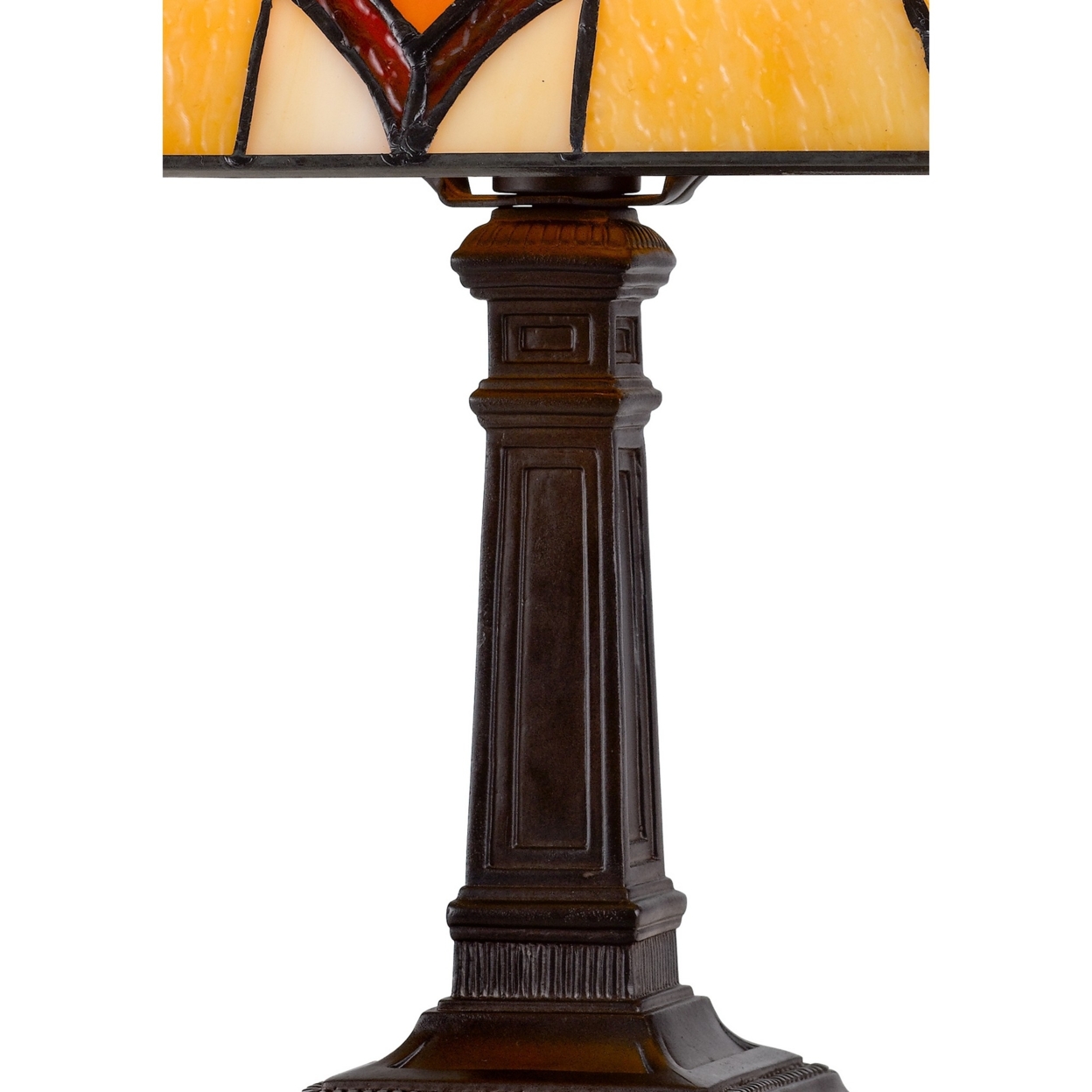 Eli 14 Inch Art Deco Accent Lamp, Square Tiffany Style Shade, Dark Bronze- Saltoro Sherpi