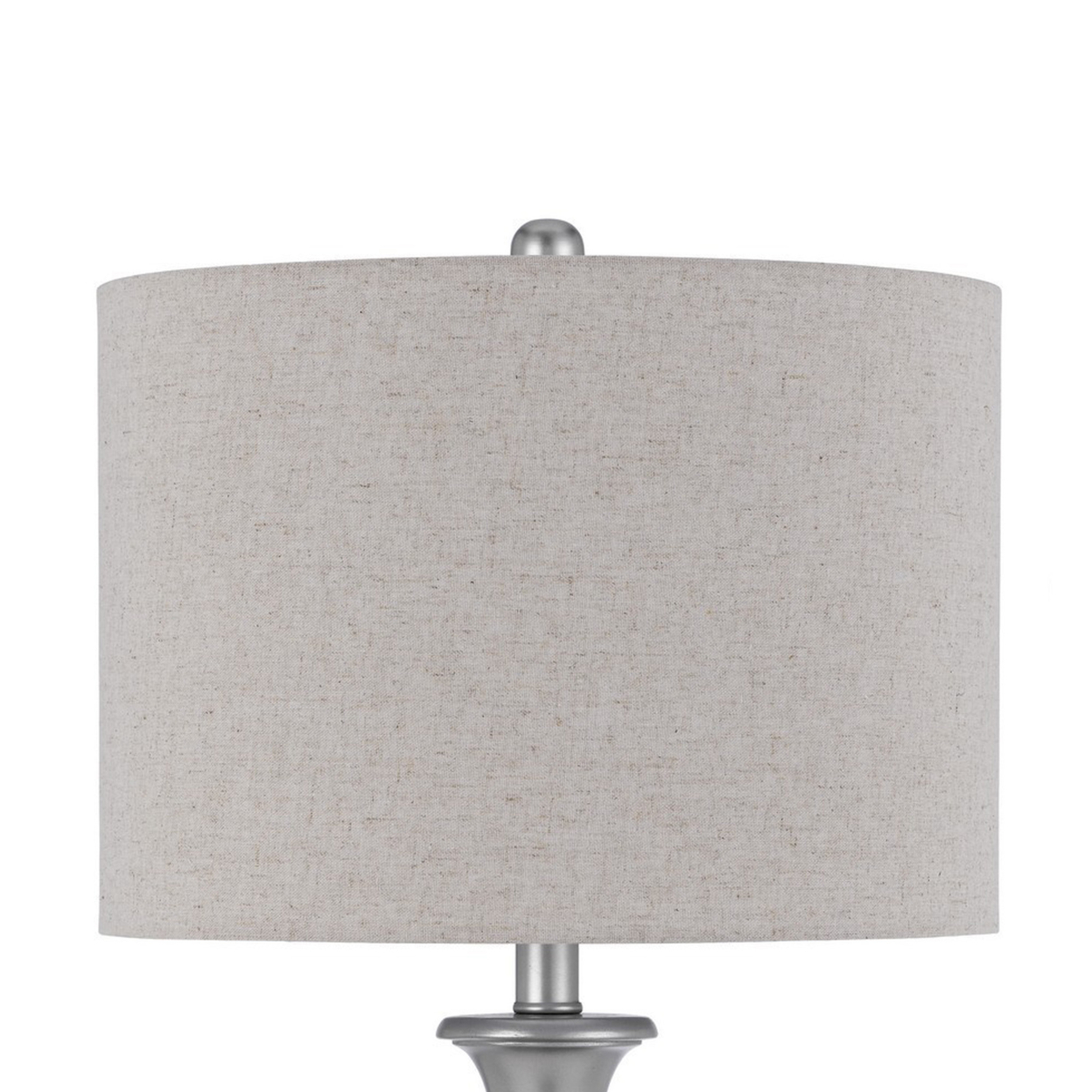 28 Inch Table Lamp, Set Of 2, Beige Fabric Shade, Silver Carved Frame- Saltoro Sherpi