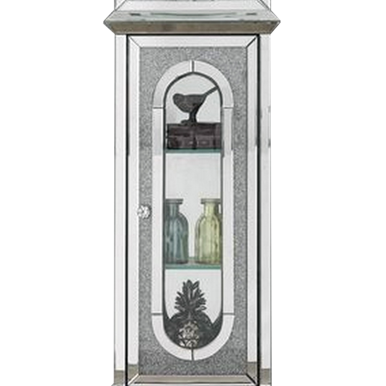 Grandfather Clock With 1 Storage Cabinet And Faux Diamonds, Silver- Saltoro Sherpi