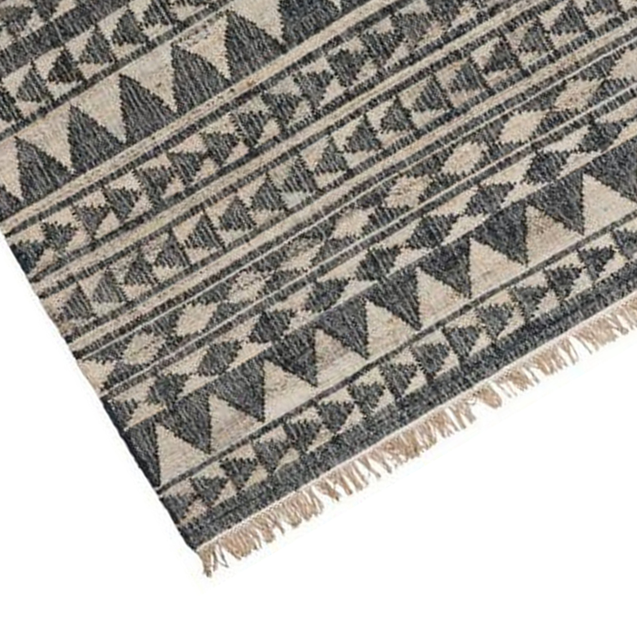 Moly 5 X 8 Tassel Area Rug, Tribal Triangle Pattern, Black Handwoven Jute - Saltoro Sherpi