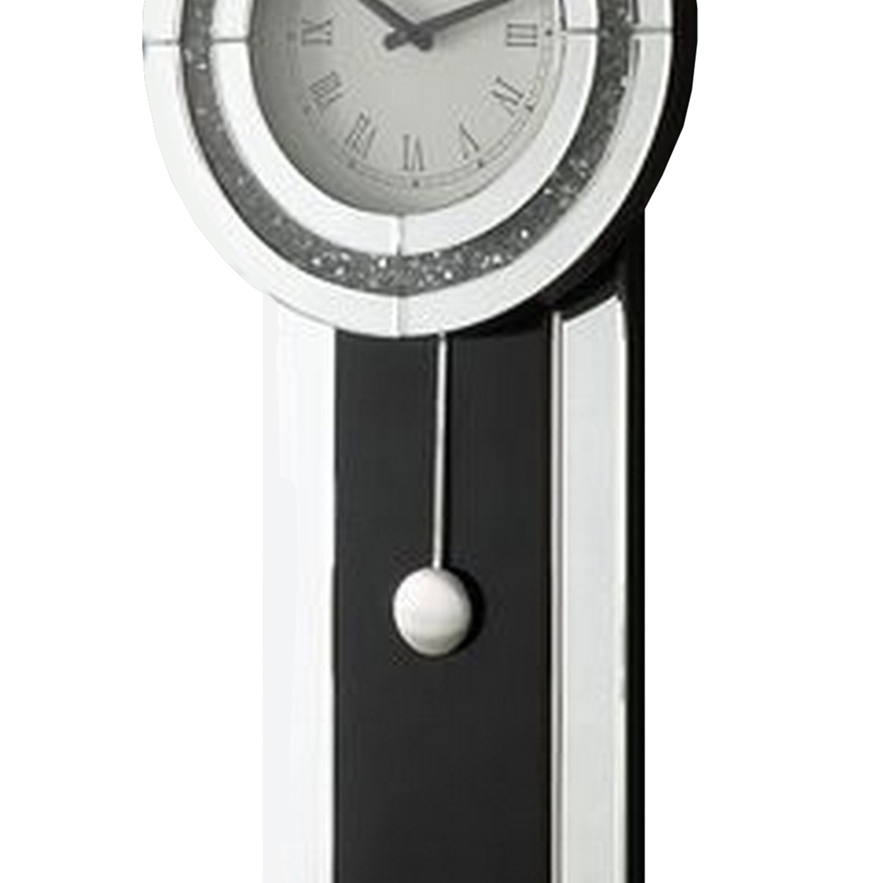 Pendulum Wall Clock With Mirror Trim And Round Shape, Silver- Saltoro Sherpi