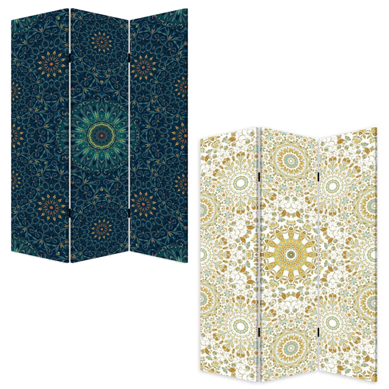 72 Inch 3 Panel Canvas Foldable Room Divider, Bohemian Design, Teal Blue- Saltoro Sherpi