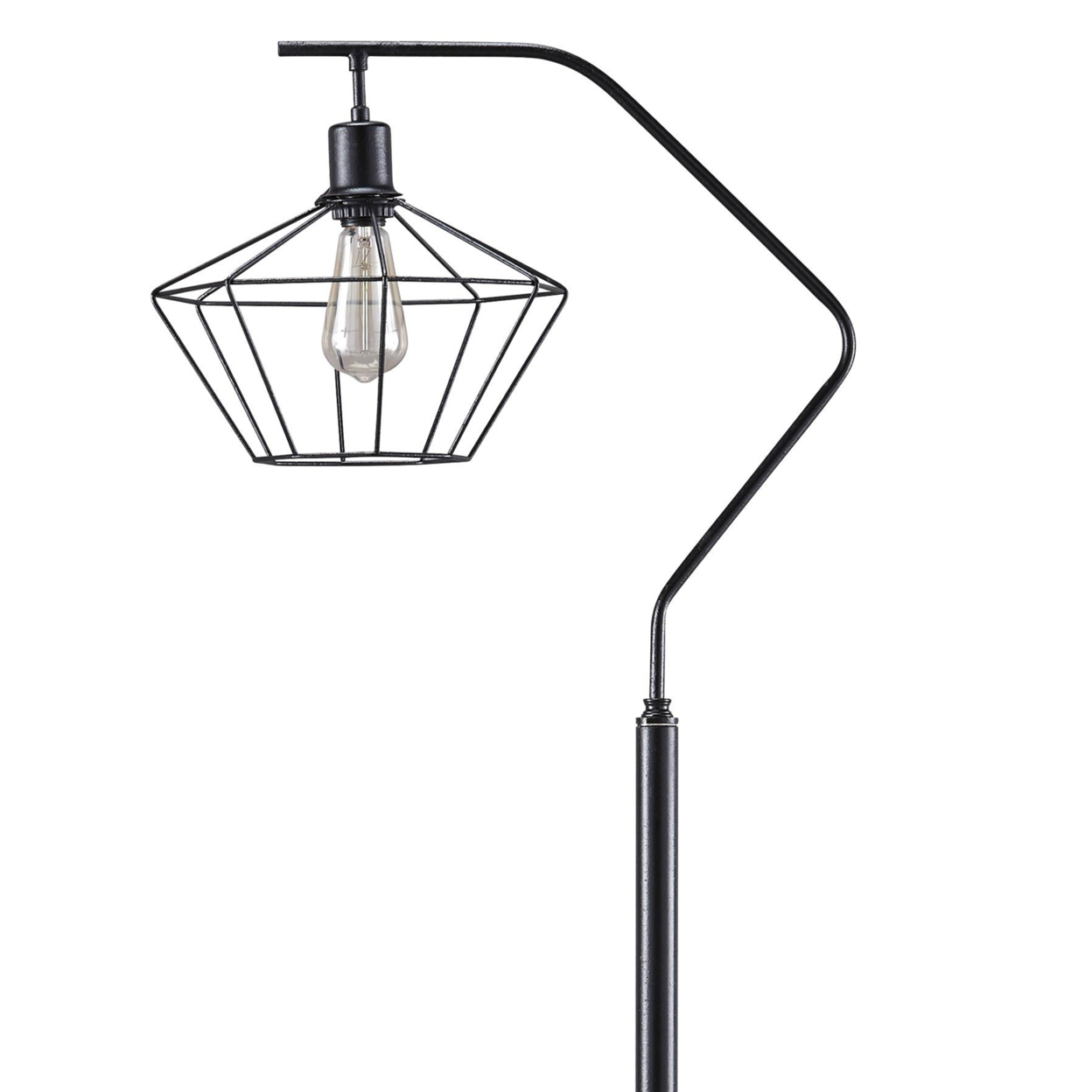 Tilted Open Caged Metal Drum Shade Floor Lamp With Round Base, Black- Saltoro Sherpi