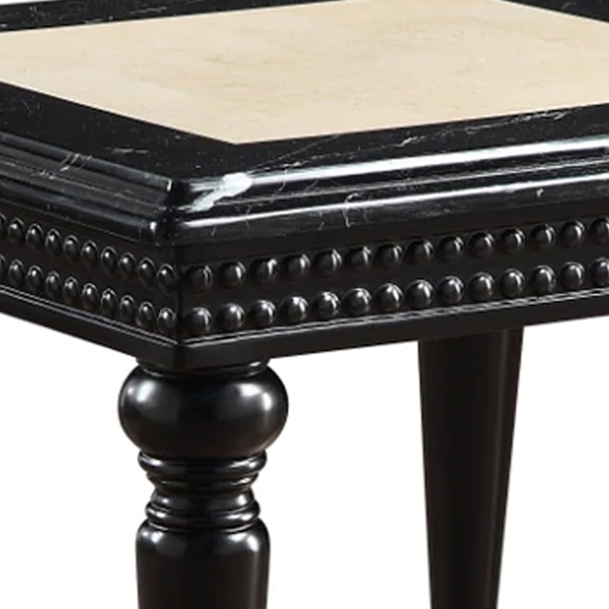 Mavi 28 Inch Square End Table, Marble Top, Beaded Apron, Black- Saltoro Sherpi