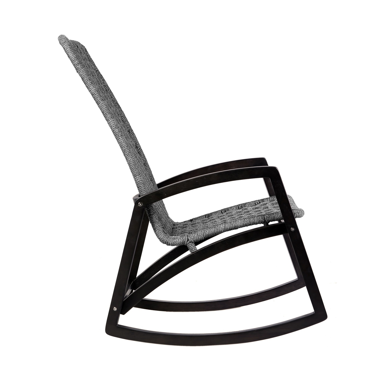 Arlo 31 Inch Patio Rocking Chair, Dark Eucalyptus Wood, Gray Rope Seat- Saltoro Sherpi
