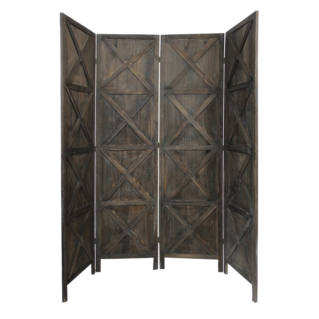 79 Inch Wood 4 Panel Screen Room Divider, Crossed Accents, Brown- Saltoro Sherpi
