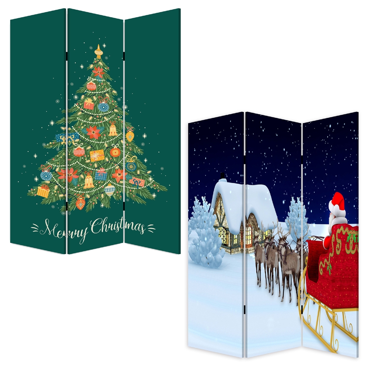 72 Inch 3 Panel Canvas Screen Room Divider, Painted Christmas Tree, Green- Saltoro Sherpi