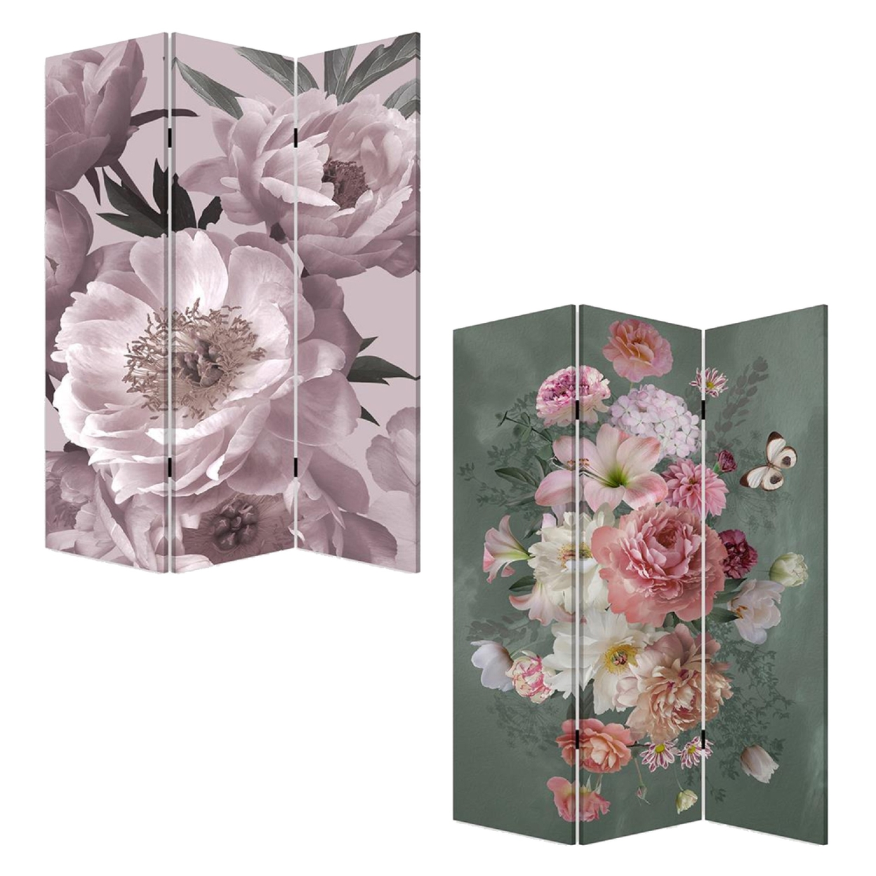 72 Inch 3 Panel Canvas Foldable Screen Room Divider, Purple Floral Design- Saltoro Sherpi