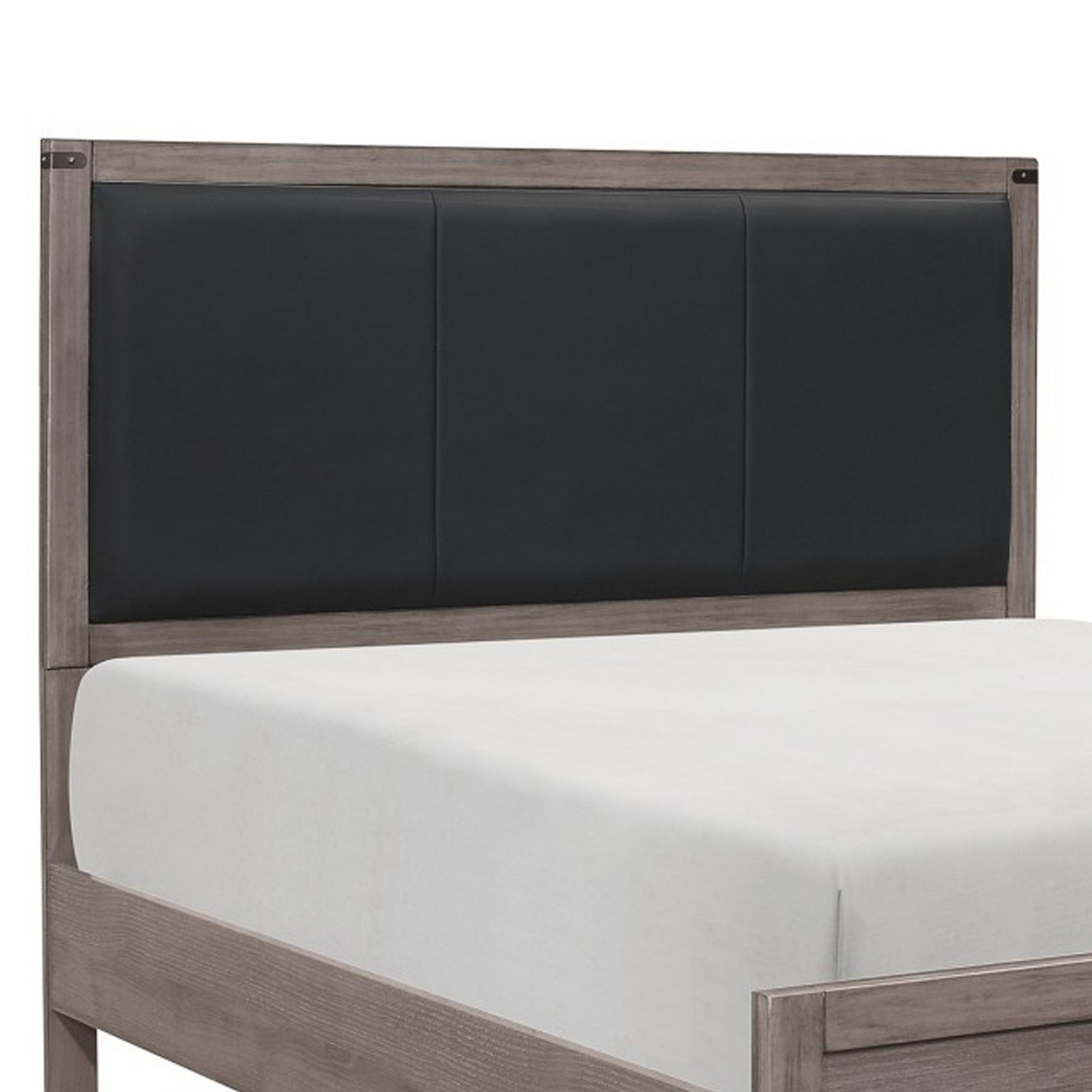 Fiona Queen Bed, Faux Leather Upholstered Black Headboard, Brownish Gray- Saltoro Sherpi