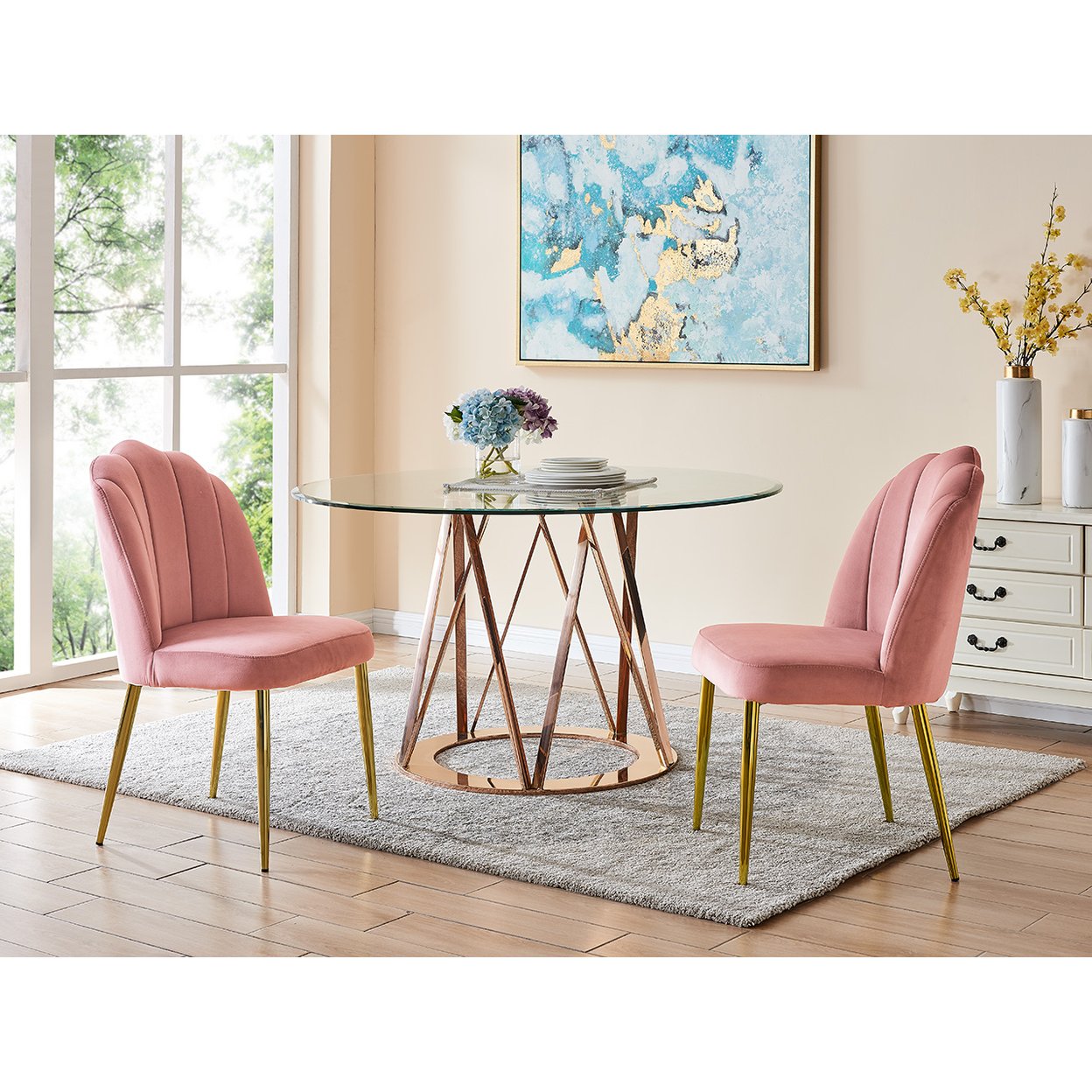 Iconic Home Chell Dining Side Chair Quilted Velvet Upholstered Crown Top Back And Seat Solid Gold Tone Metal Legs (Set Of 2) - Blush