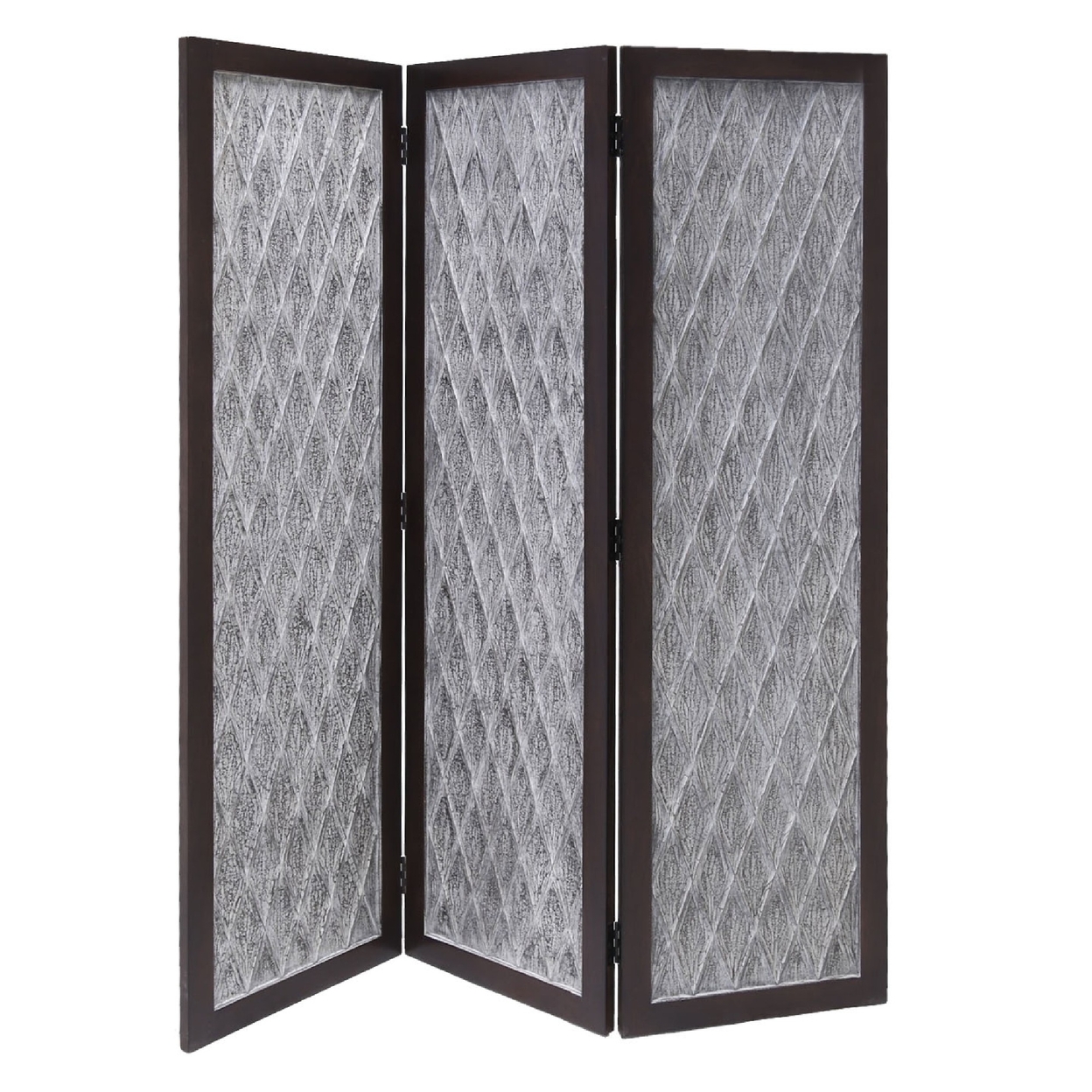 Wooden 3 Panel Room Divider With Textured Diamond Pattern, Gray And Black- Saltoro Sherpi