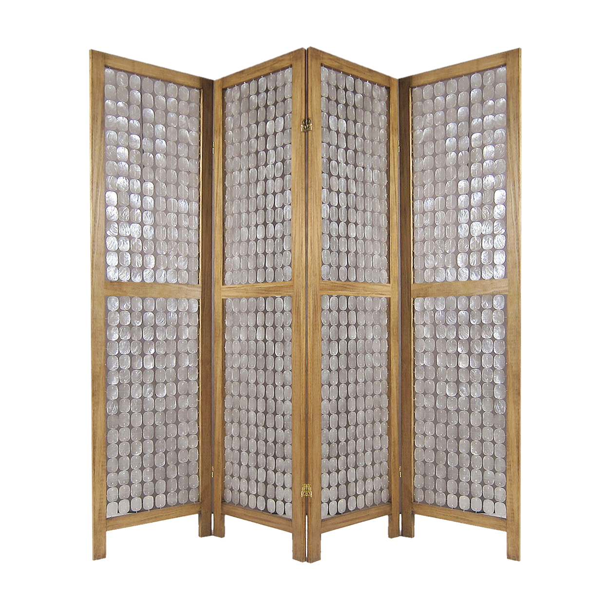 Royal 4 Panel Mango Wood Screen With Capiz Shell Decor, Brown- Saltoro Sherpi