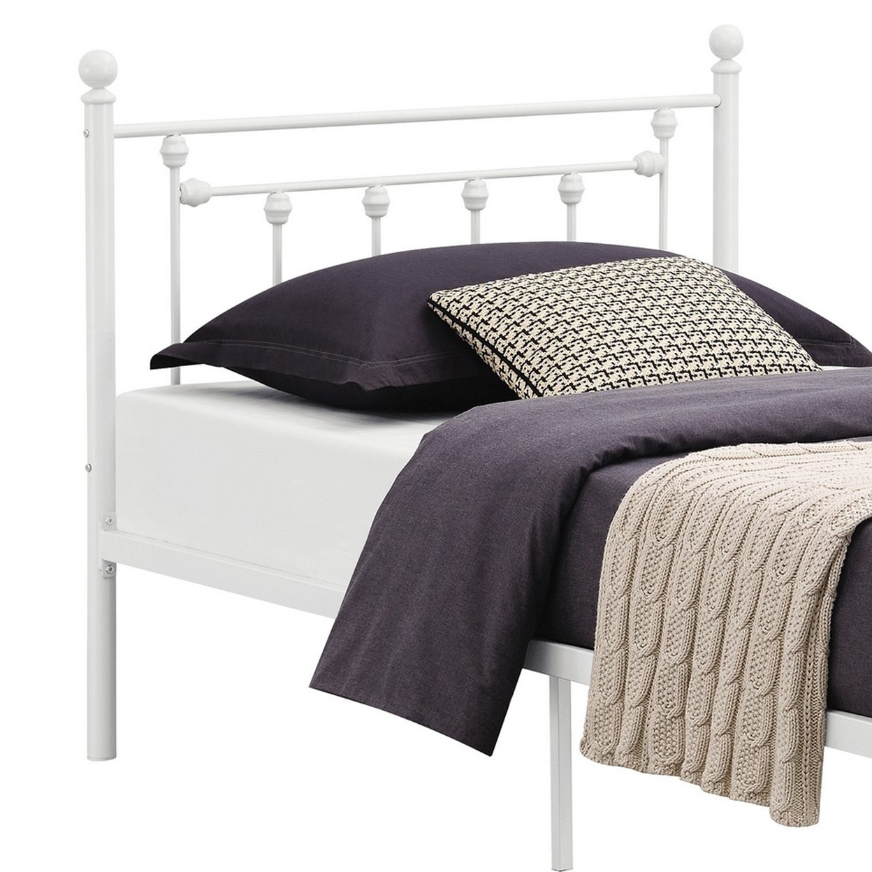 Dio 79 Inch Metal Full Size Bed Frame, Spindle Design, Finial Posts, White