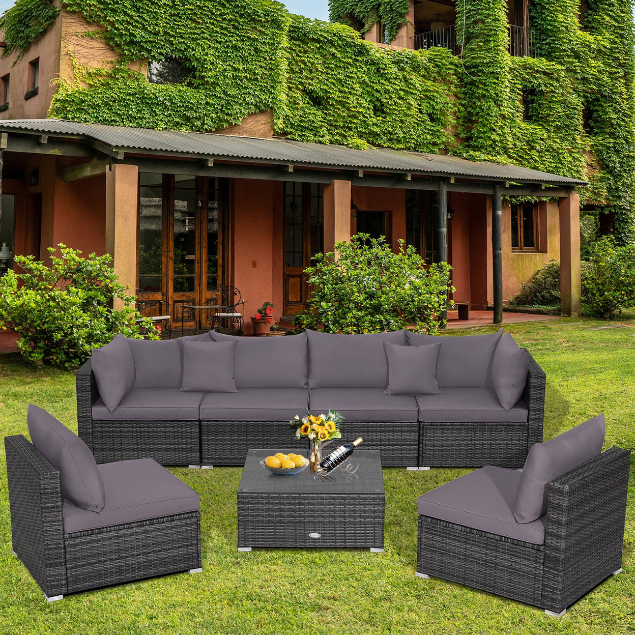 7PCS Patio Rattan Sectional Sofa Set Outdoor Furniture Set W/ Cushions - Grey