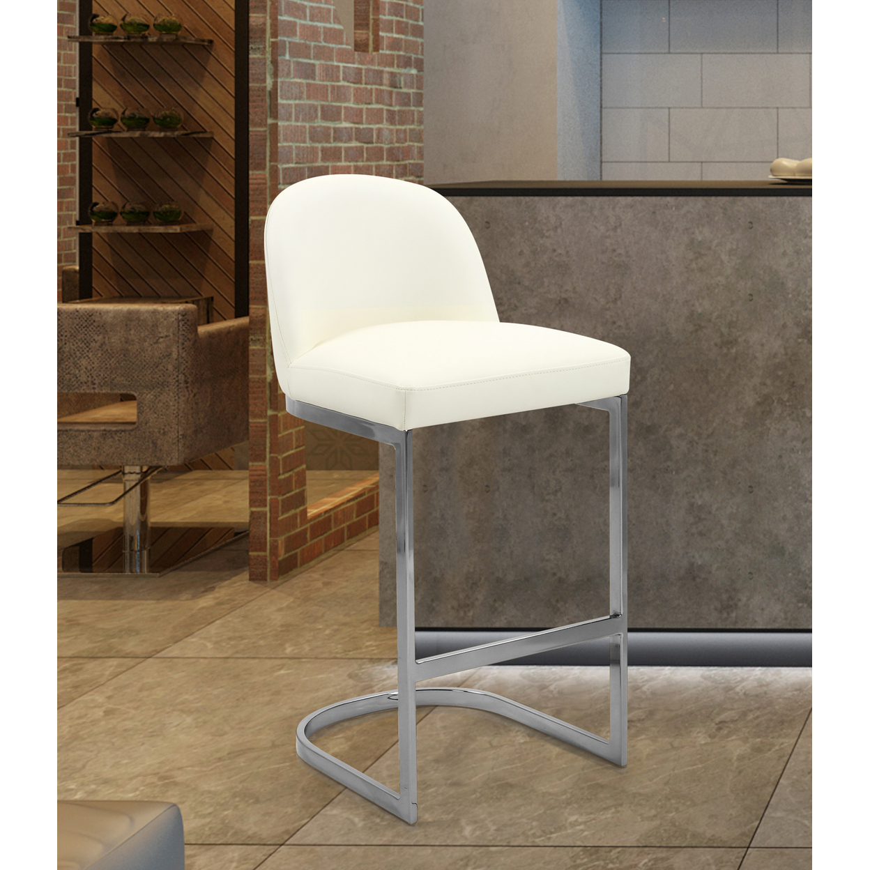Iconic Home Liana Bar Stool Chair PU Leather Upholstered Armless Design Half-Moon Chrome Plated Solid Metal U-Shaped Base - Cream