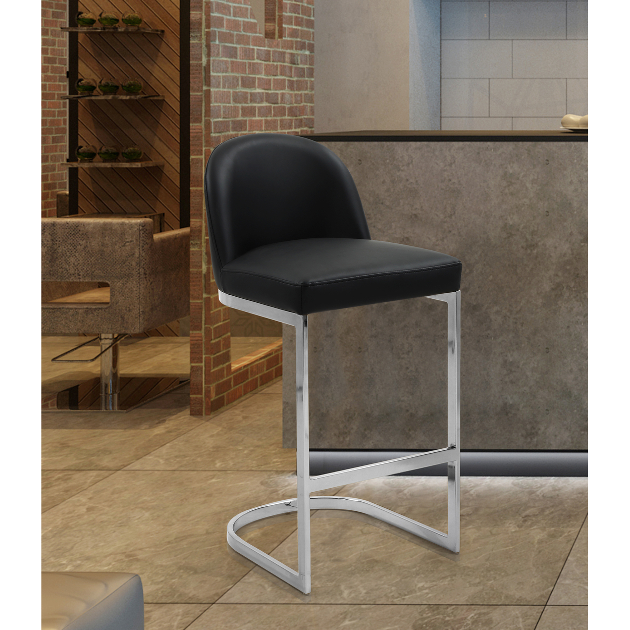 Iconic Home Liana Bar Stool Chair PU Leather Upholstered Armless Design Half-Moon Chrome Plated Solid Metal U-Shaped Base - Black