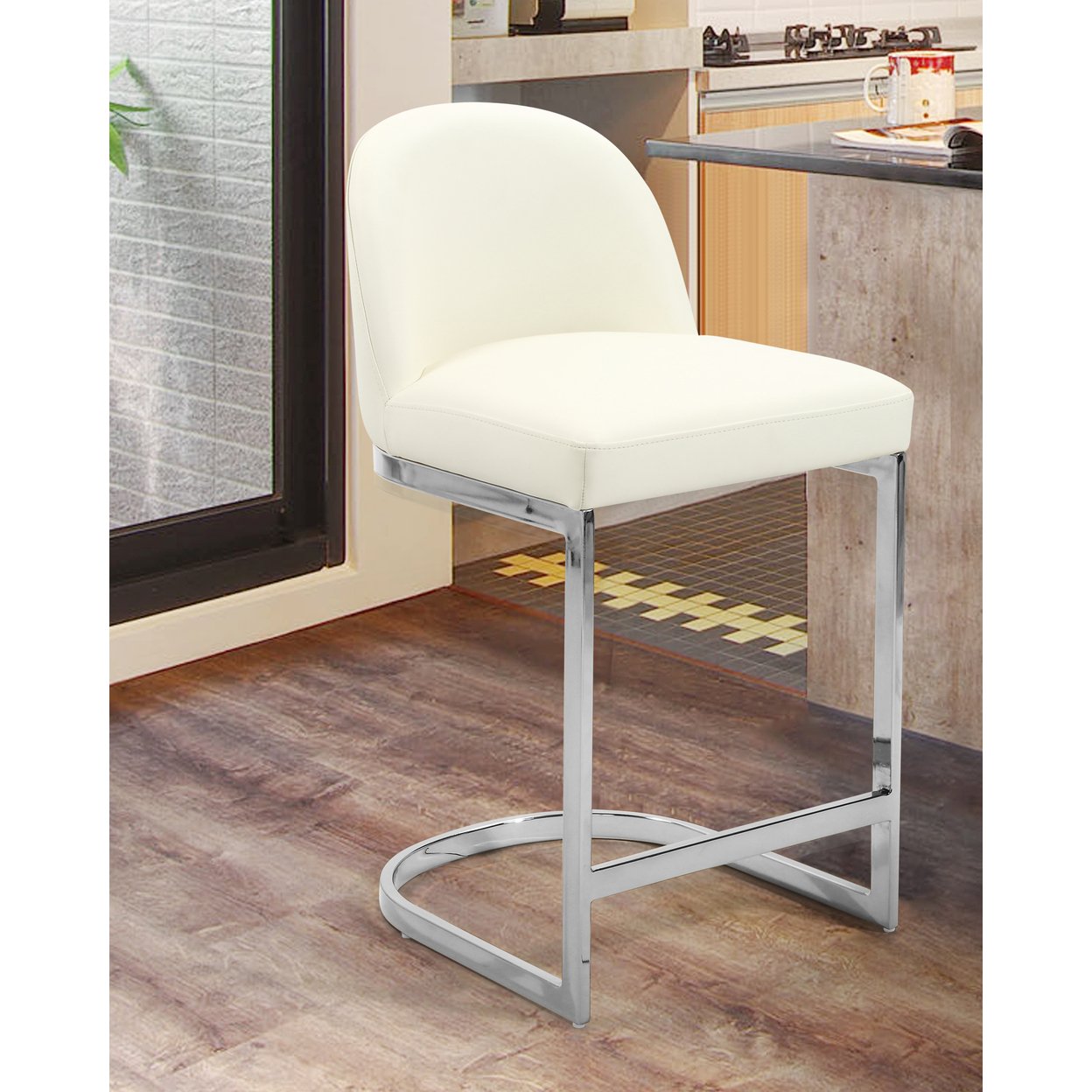 Iconic Home Liana Counter Stool Chair PU Leather Upholstered Armless Design Half-Moon Chrome Plated Solid Metal U-Shaped Base - Cream