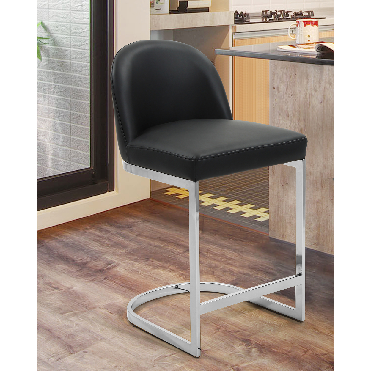Iconic Home Liana Counter Stool Chair PU Leather Upholstered Armless Design Half-Moon Chrome Plated Solid Metal U-Shaped Base - Black