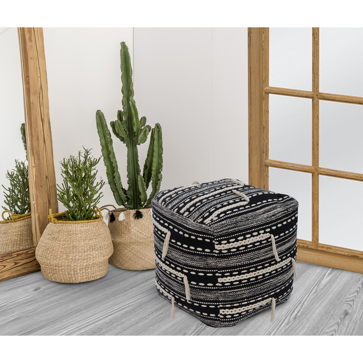 Iconic Home Spearman Ottoman Woven Cotton Upholstered Two-Tone Striped Pattern With Tassels Square Pouf - Black